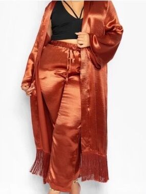 Eloquii Rust Copper Satin Fringe Duster Drawstring Pant Set. NWT. Sz. 18